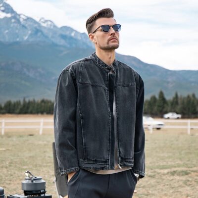 American vintage autumn black stand collar men’s jean jacket