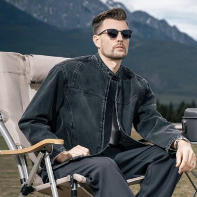 American vintage autumn black stand collar men’s jean jacket