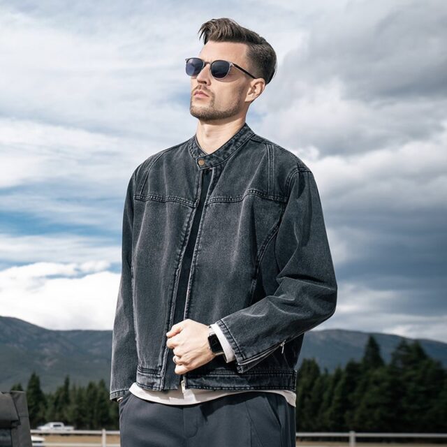American vintage autumn black stand collar men’s jean jacket