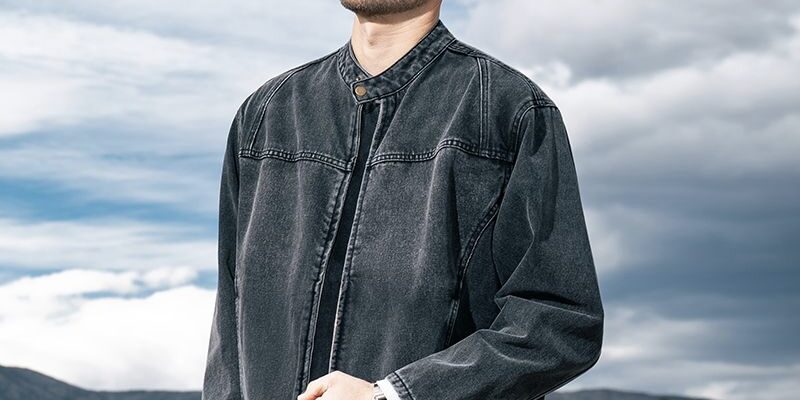 American vintage autumn black stand collar men’s jean jacket