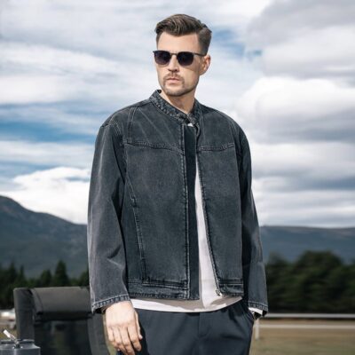 American vintage autumn black stand collar men’s jean jacket