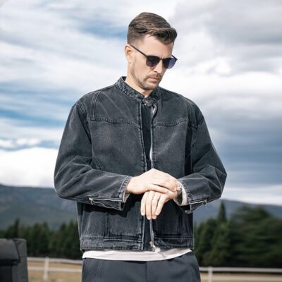 American vintage autumn black stand collar men’s jean jacket