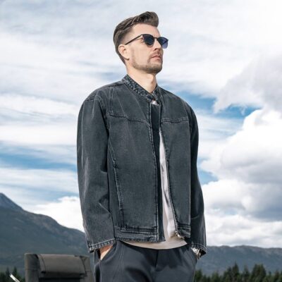 American vintage autumn black stand collar men’s jean jacket