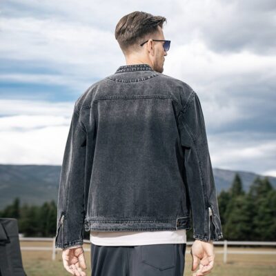 American vintage autumn black stand collar men’s jean jacket