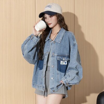 Autumn color block cropped loose women’s jean jacket