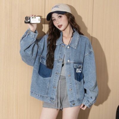 Autumn color block cropped loose women’s jean jacket