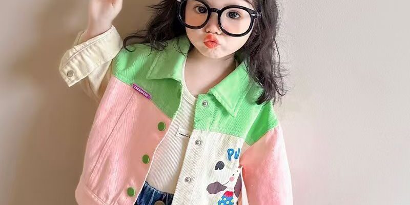 Contrast color cartoon kids jean jacket for girls