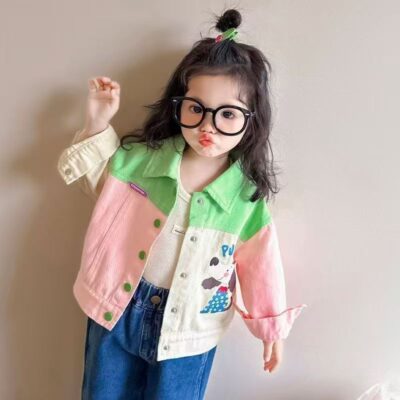 Contrast color cartoon kids jean jacket for girls