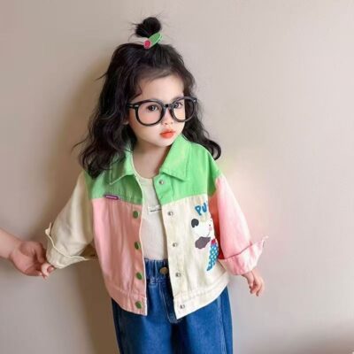 Contrast color cartoon kids jean jacket for girls