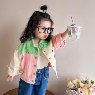 Contrast color cartoon kids jean jacket for girls