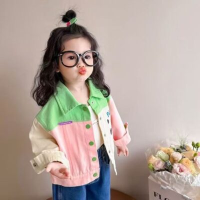 Contrast color cartoon kids jean jacket for girls