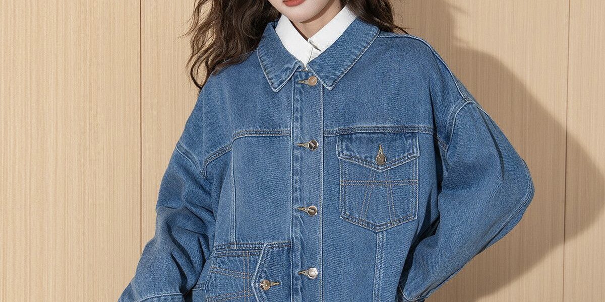 Korean style cropped women’s jean jacket with unique pockets
