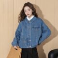 Korean style cropped women’s jean jacket with unique pockets