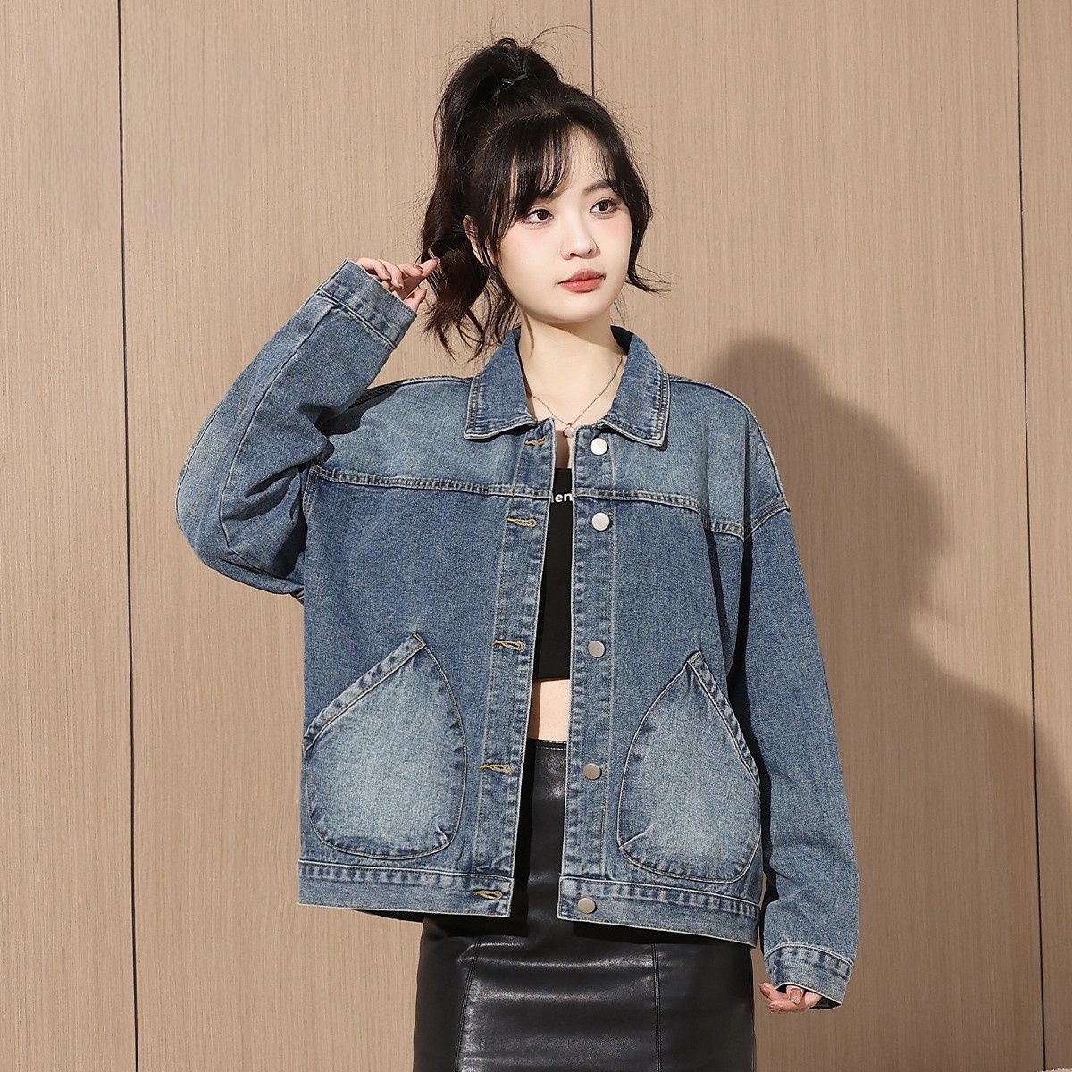 Autumn cropped slimming collar women’s jean jacket
