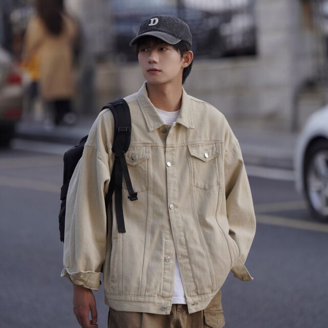 Japanese vintage loose casual men’s jean jacket for spring autumn