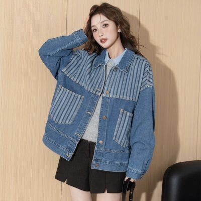 Striped patchwork Korean loose cropped women’s jean jacket