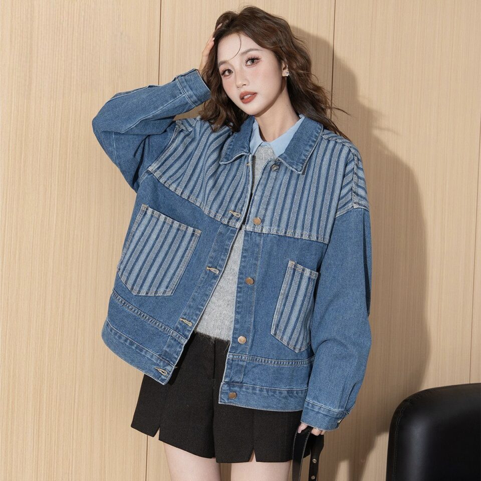 Striped patchwork Korean loose cropped women’s jean jacket