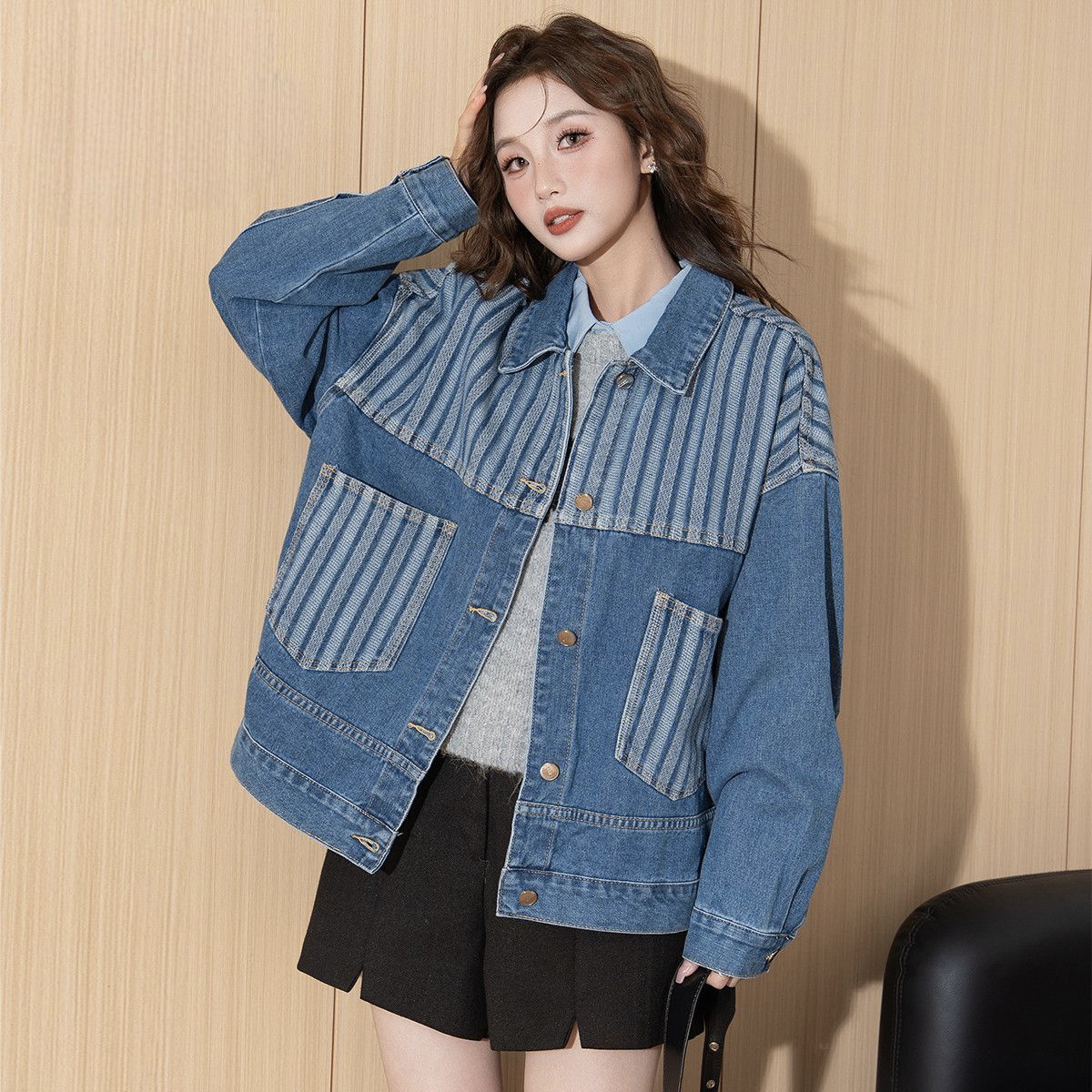 Striped patchwork Korean loose cropped women’s jean jacket