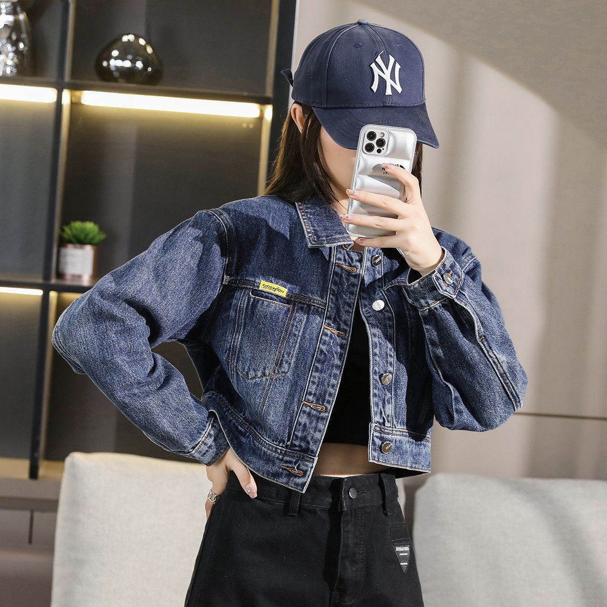 Autumn minimalist cropped collar women’s jean jacket