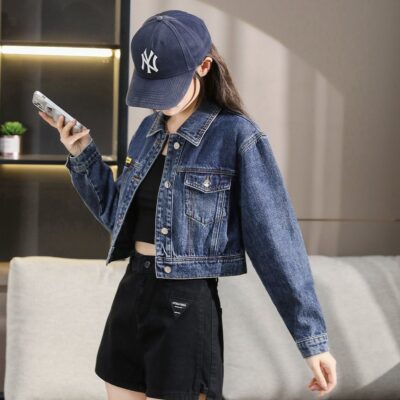 Autumn minimalist cropped collar women’s jean jacket