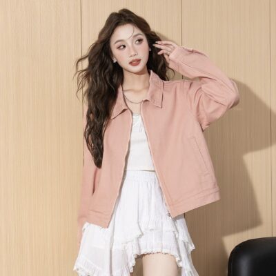 Autumn pink Korean cropped zip women’s jean jacket
