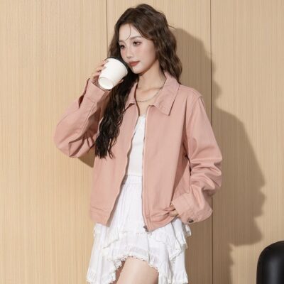 Autumn pink Korean cropped zip women’s jean jacket