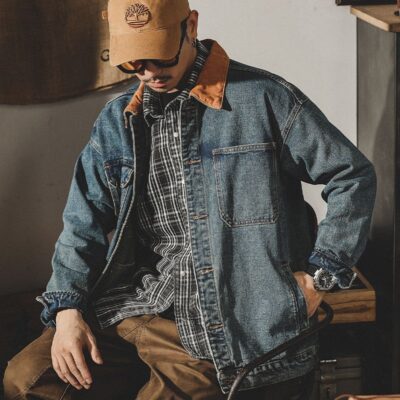 Classic retro color block loose men’s jean jacket spring autumn