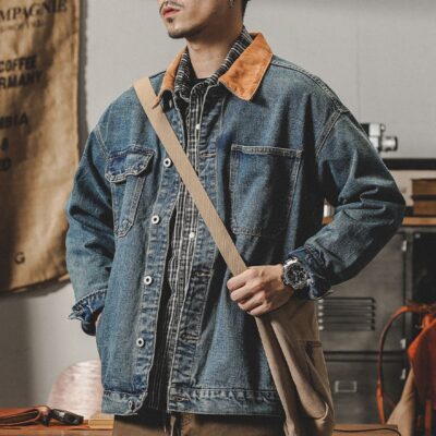 Classic retro color block loose men’s jean jacket spring autumn