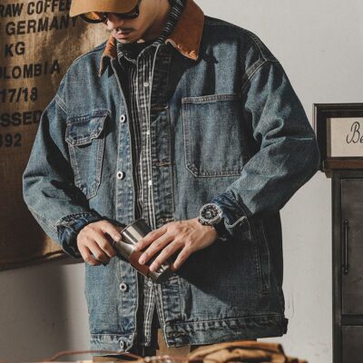 Classic retro color block loose men’s jean jacket spring autumn