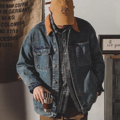 Classic retro color block loose men’s jean jacket spring autumn