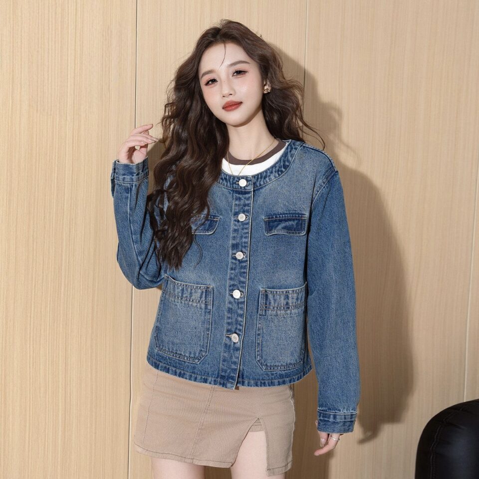 Vintage autumn cropped round neck women’s jean jacket