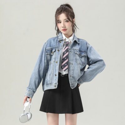 Autumn solid color cropped casual women’s jean jacket