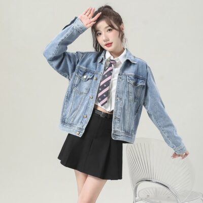 Autumn solid color cropped casual women’s jean jacket