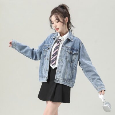 Autumn solid color cropped casual women’s jean jacket