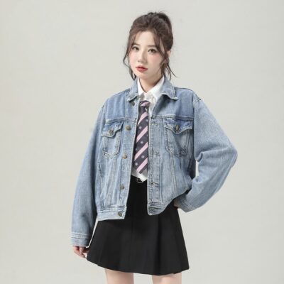 Autumn solid color cropped casual women’s jean jacket
