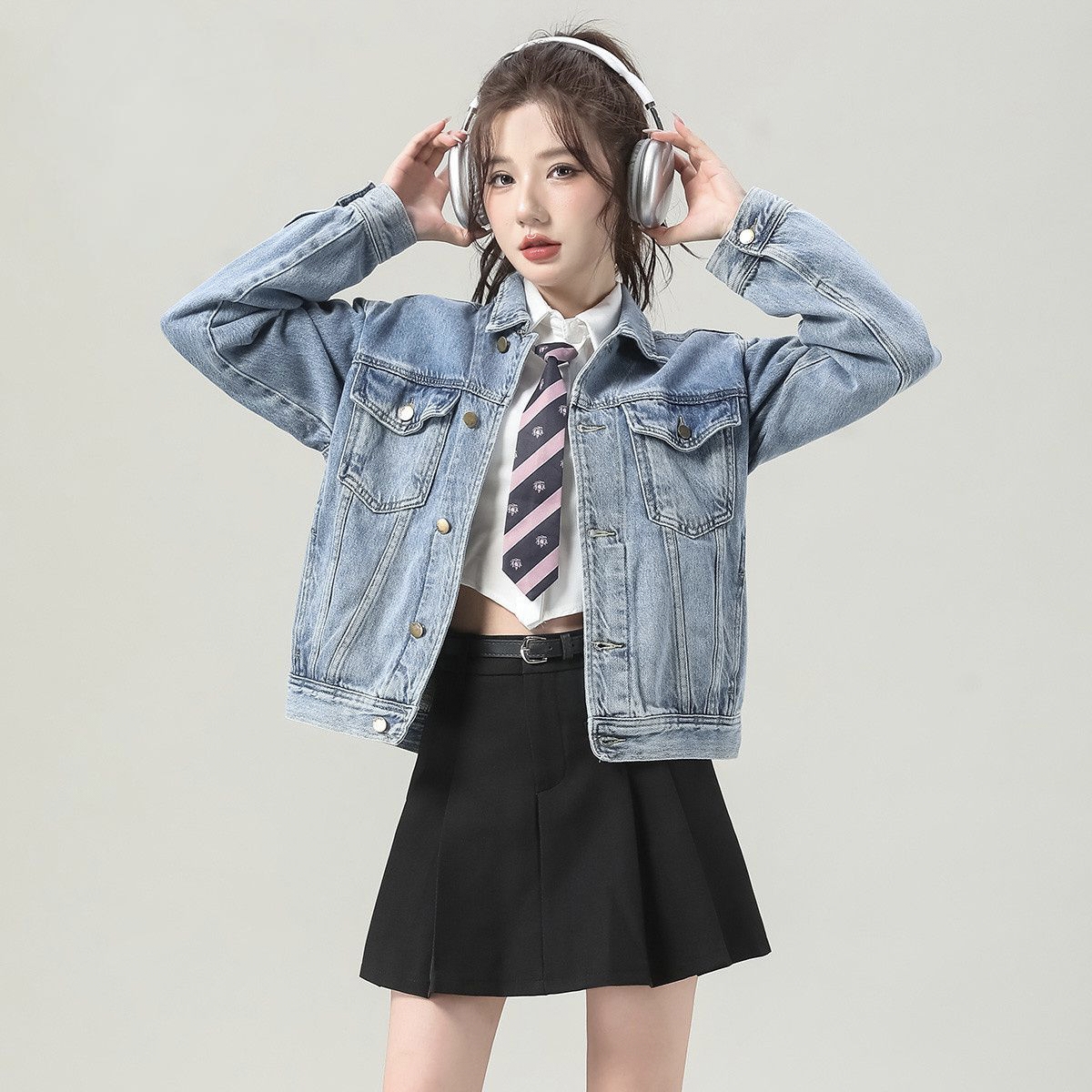 Autumn solid color cropped casual women’s jean jacket