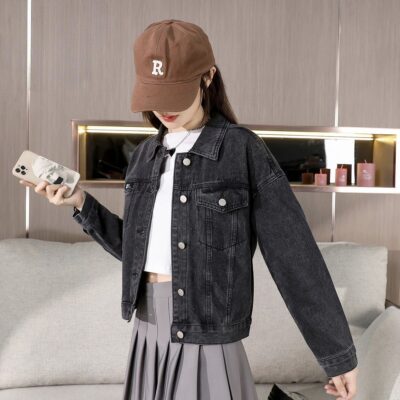 Autumn solid color versatile collar women’s jean jacket