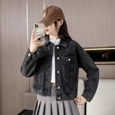 Autumn solid color versatile collar women’s jean jacket
