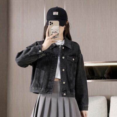 Autumn solid color versatile collar women’s jean jacket