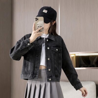Autumn solid color versatile collar women’s jean jacket