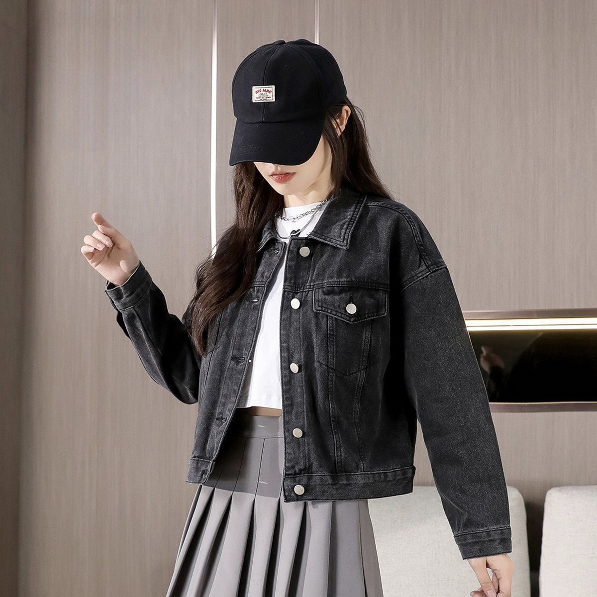Autumn solid color versatile collar women’s jean jacket