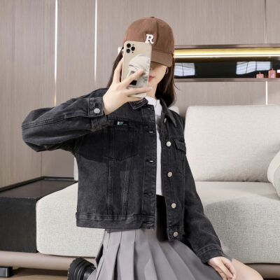 Autumn solid color versatile collar women’s jean jacket