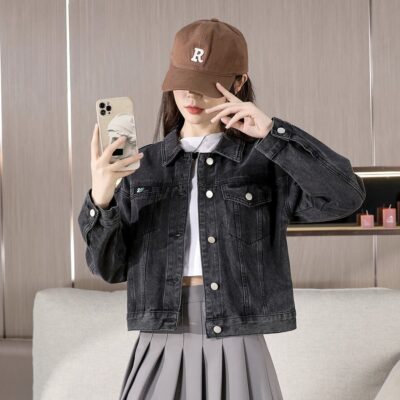 Autumn solid color versatile collar women’s jean jacket