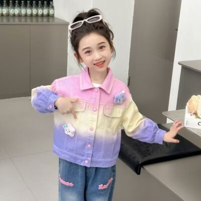 Fashion tie-dye cartoon kids jean jacket for girls