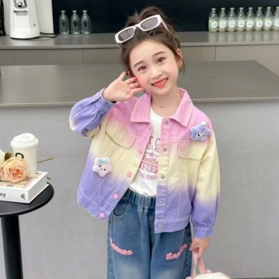 Fashion tie-dye cartoon kids jean jacket for girls