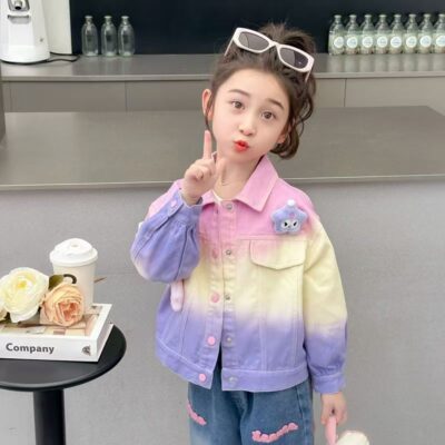 Fashion tie-dye cartoon kids jean jacket for girls