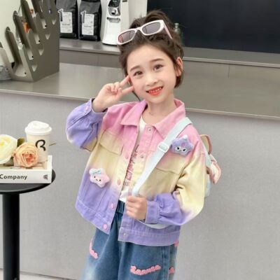 Fashion tie-dye cartoon kids jean jacket for girls