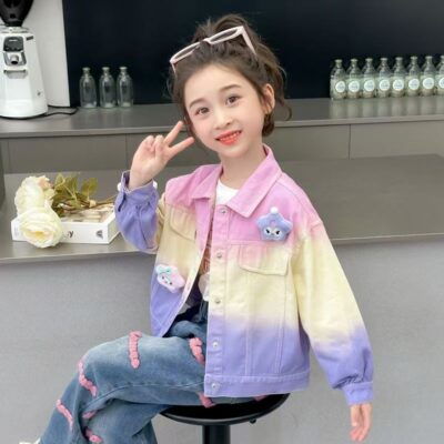 Fashion tie-dye cartoon kids jean jacket for girls