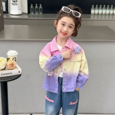 Fashion tie-dye cartoon kids jean jacket for girls