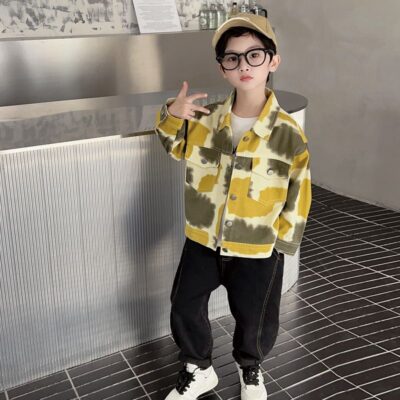 Autumn tie-dye thick fashion kids jean jacket for boys